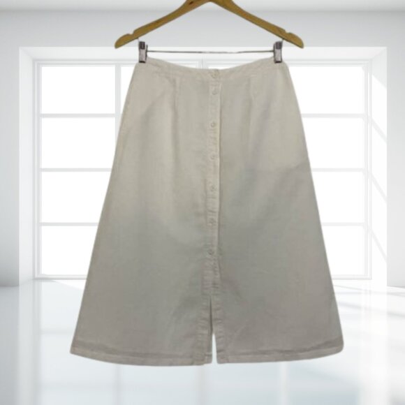 TOBI White Linen Blend A-Line Midi Skirt w/ Button Front and Pockets | M - Picture 3 of 11